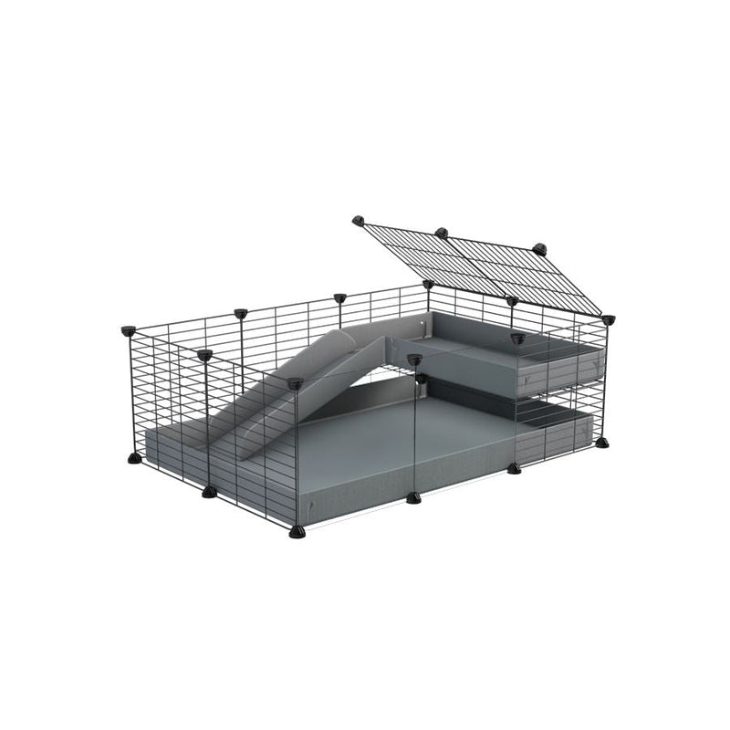 a 3x2 C&C guinea pig cage with clear transparent plexiglass acrylic panels  with a loft and a ramp grey coroplast sheet and baby bars by kavee