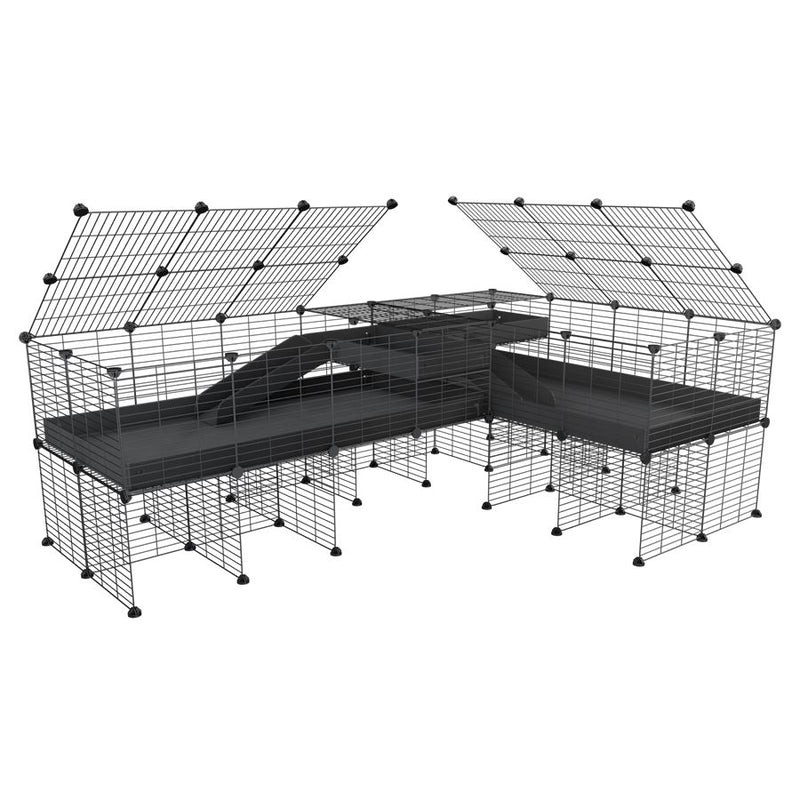 A 8x2 L-shape C&C cage with lid divider stand loft ramp for guinea pig fighting or quarantine with black coroplast from brand kavee