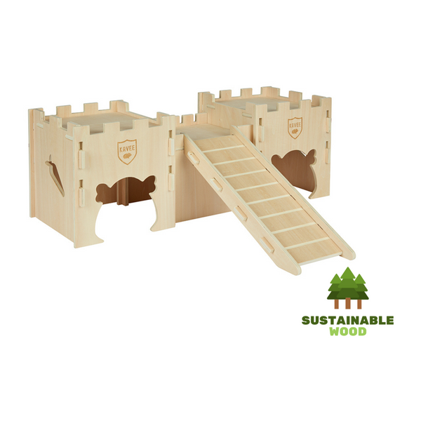 a large fsc wooden castle for guinea pigs with guinea pigs cut-out windows a ramp carrot cut-out and battlements from kavee