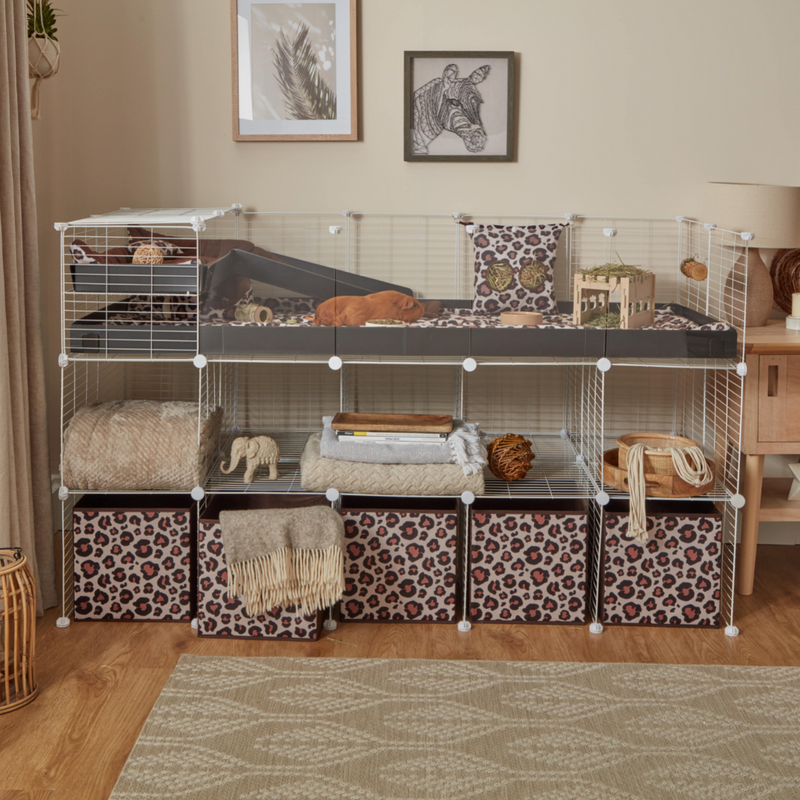 living room with kavee c and c double black grid cage with leopard  print storage boxes liners and accessories
