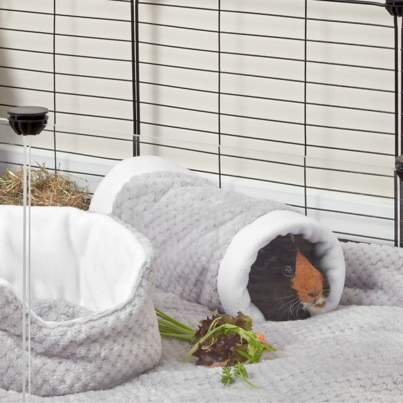 tri coloured guinea pig inside of kavee grey tunnel on top of fleece liner