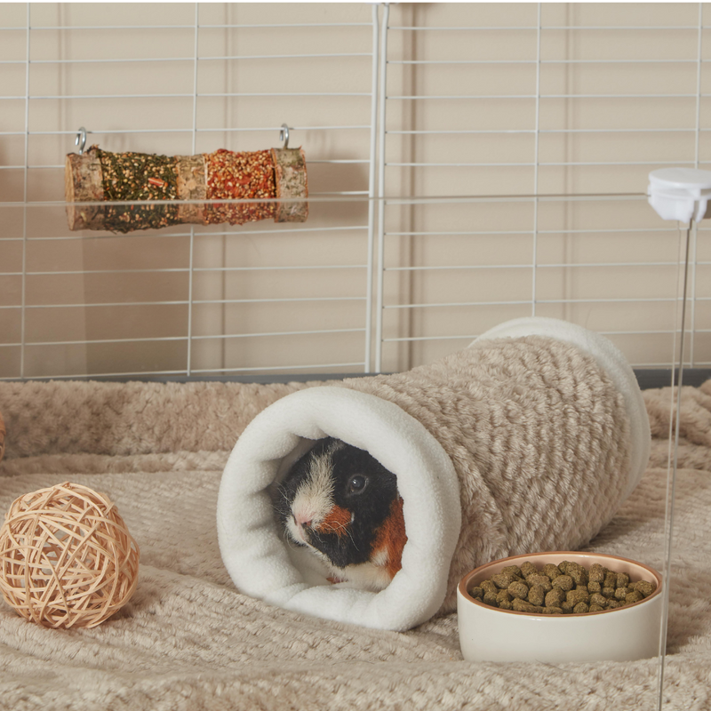 a guinea pig inside of a kavee taupe print tunnel on a taupe liner