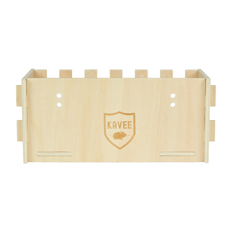 back view of a wooden hay rack for guinea pigs from the brand kavee made from FSC Wood and featuring guinea pig cutouts