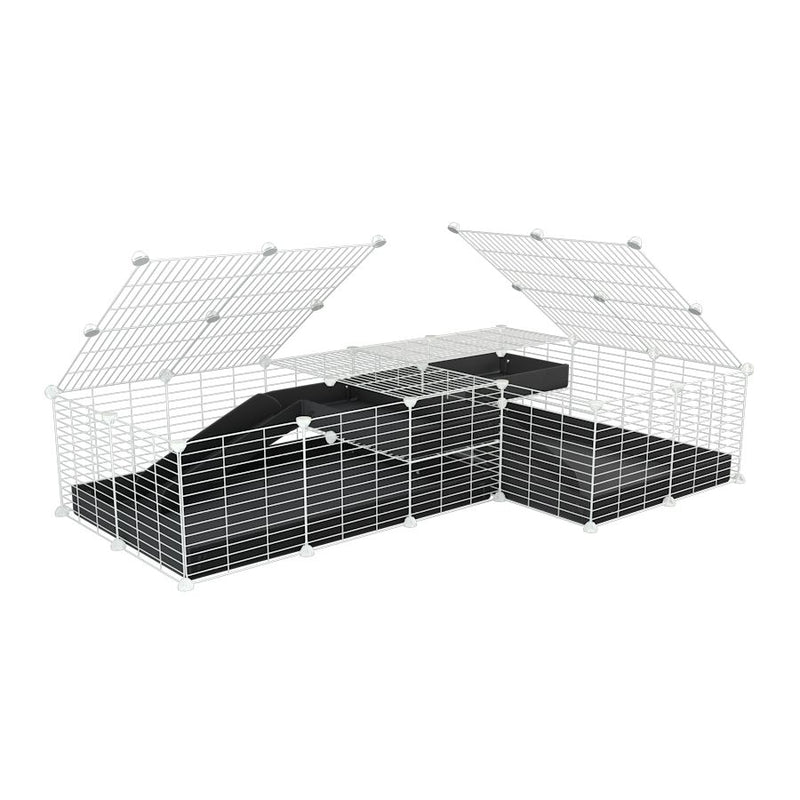 A 6x2 L-shape white C&C cage with lid divider loft ramp for guinea pig fighting or quarantine with black coroplast from brand kavee