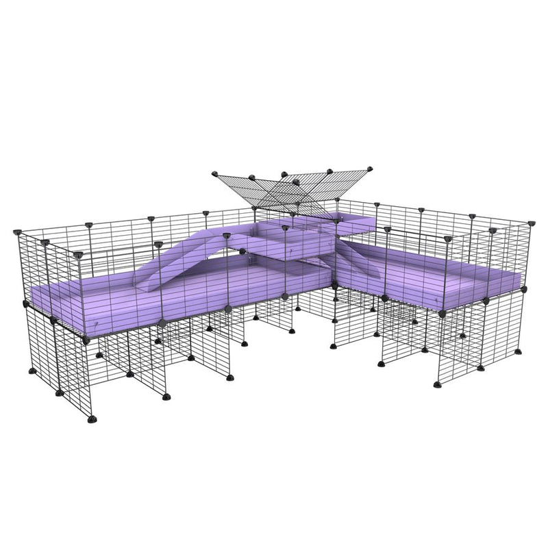 A 8x2 L-shape C&C cage with divider and stand loft ramp for guinea pig fighting or quarantine with lilac coroplast from brand kavee