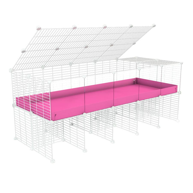 a 5x2 C&C cage with clear transparent perspex acrylic windows  for guinea pigs with a stand and a top pink plastic safe white grids by kavee