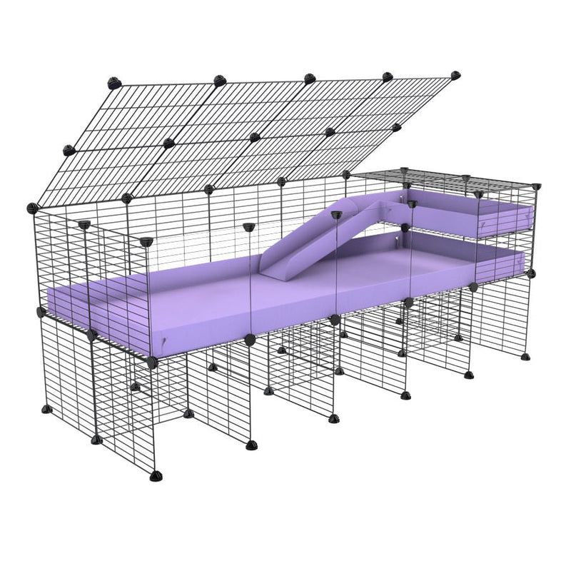 A 2x5 C and C guinea pig cage with clear transparent plexiglass acrylic panels  with stand loft ramp lid small size meshing safe grids purple lilac pastel correx sold in UK