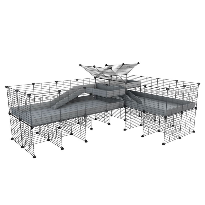 A 8x2 L-shape C&C cage with divider and stand loft ramp for guinea pig fighting or quarantine with grey coroplast from brand kavee