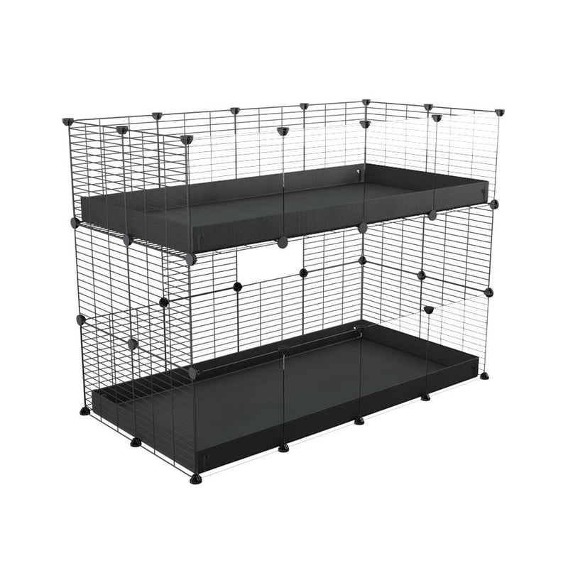 A 4x2 double stacked c and c guinea pig cage with clear transparent plexiglass acrylic panels  with two stories black coroplast safe size grids by brand kavee