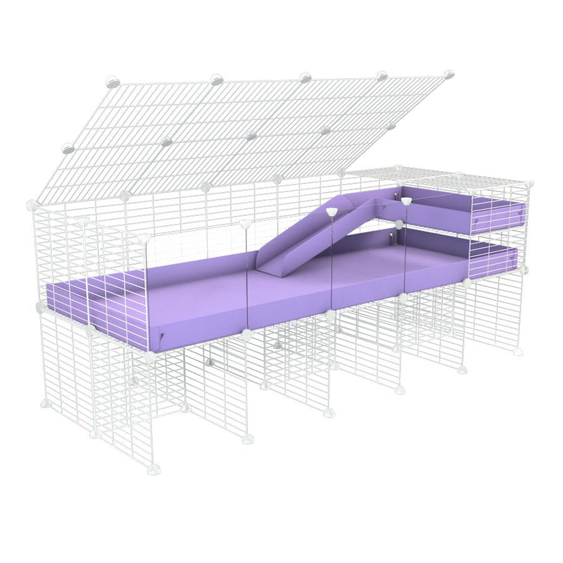 A 2x5 C and C guinea pig cage with clear transparent plexiglass acrylic panels  with stand loft ramp lid small size meshing safe white grids purple lilac pastel correx sold in UK