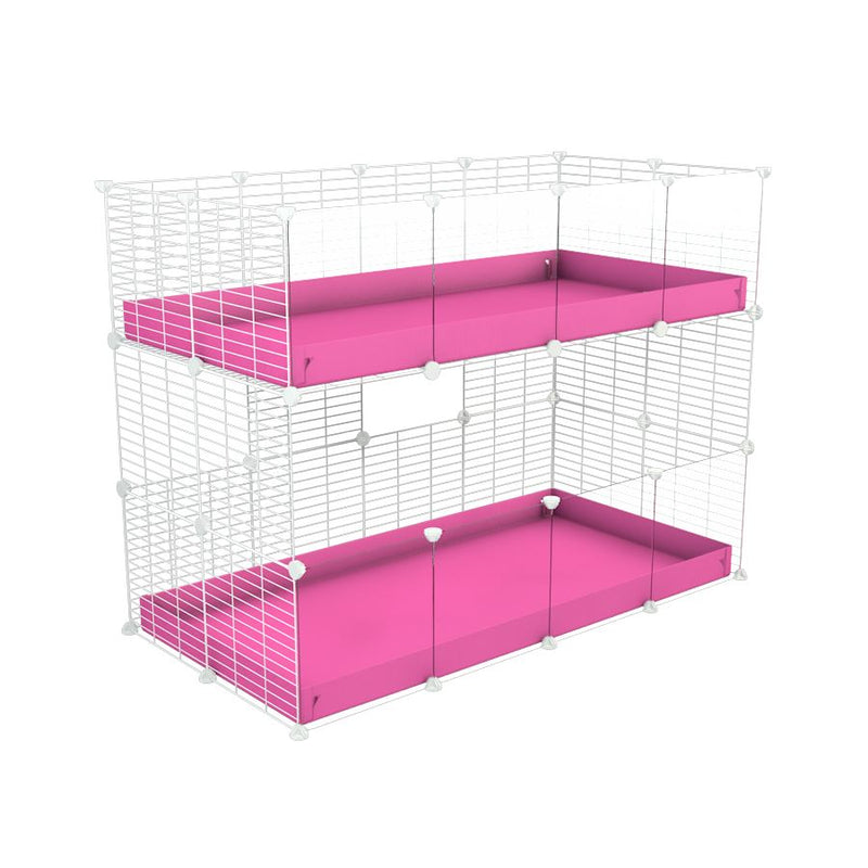 A 4x2 double stacked c and c guinea pig cage with clear transparent plexiglass acrylic panels  with two stories pink coroplast safe size white C and C grids by brand kavee