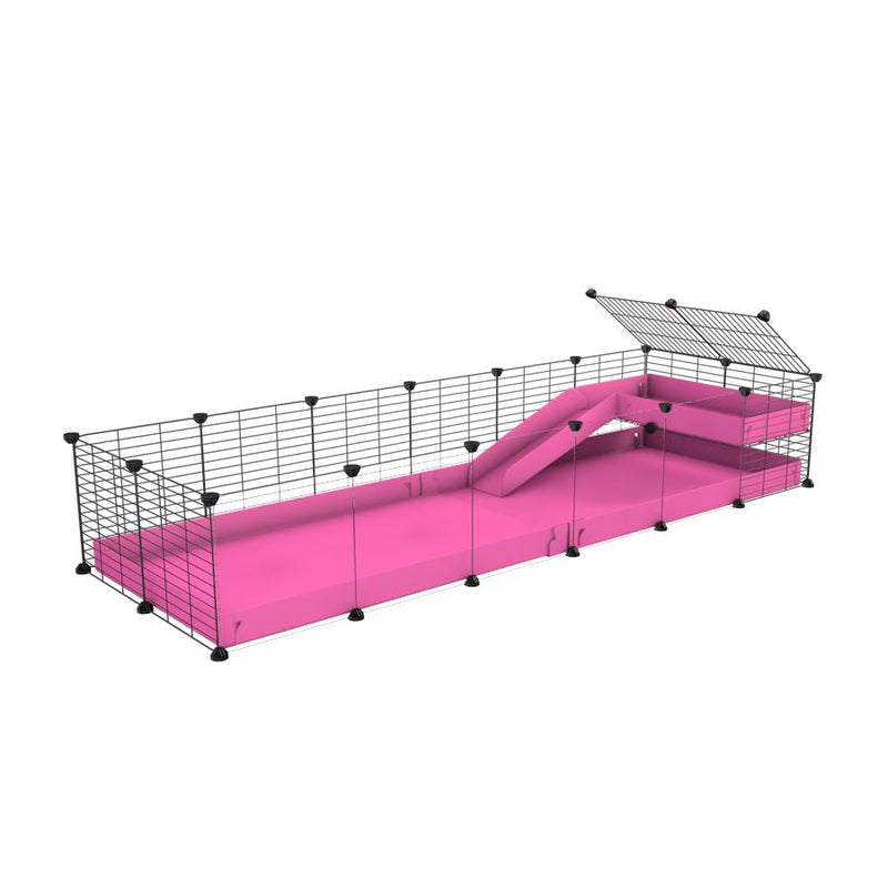 a 6x2 C&C guinea pig cage with clear transparent plexiglass acrylic panels  with a loft and a ramp pink coroplast sheet and baby bars by kavee