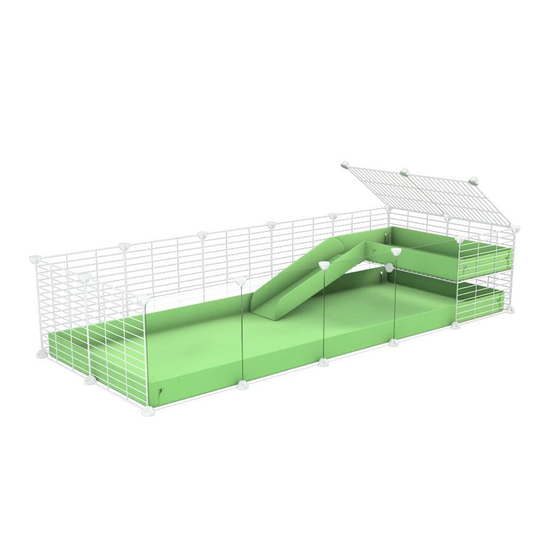 a 5x2 C&C guinea pig cage with clear transparent plexiglass acrylic panels  with a loft and a ramp green pastel pistachio coroplast sheet and baby bars by kavee