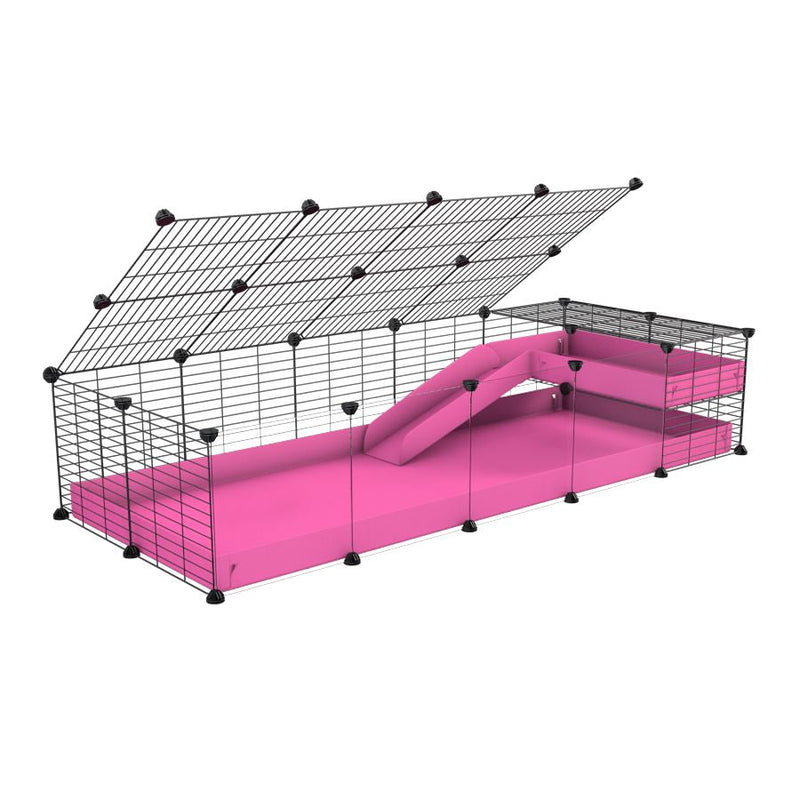 a 2x5 C and C guinea pig cage with clear transparent plexiglass acrylic panels  with loft ramp lid small hole size grids pink coroplast kavee