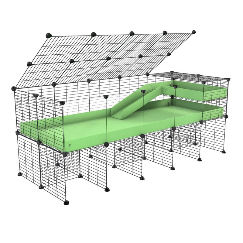 A 2x5 C and C guinea pig cage with clear transparent plexiglass acrylic panels  with stand loft ramp lid small size meshing safe grids green pastel pistachio correx sold in UK