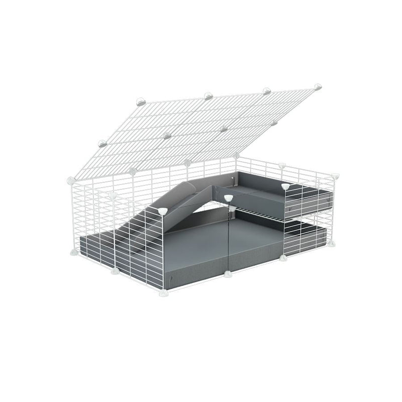 a 2x3 C and C guinea pig cage with clear transparent plexiglass acrylic panels  with loft ramp lid small hole size white CC grids grey coroplast kavee