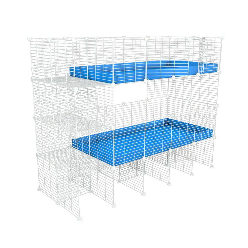 A double white 4x2 c&c cage with stand and side storage for guinea pigs with two levels blue correx baby safe grids by brand kavee in the uk