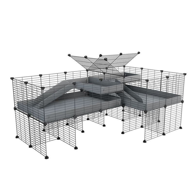 A 6x2 L-shape C&C cage with divider and stand loft ramp for guinea pig fighting or quarantine with grey coroplast from brand kavee