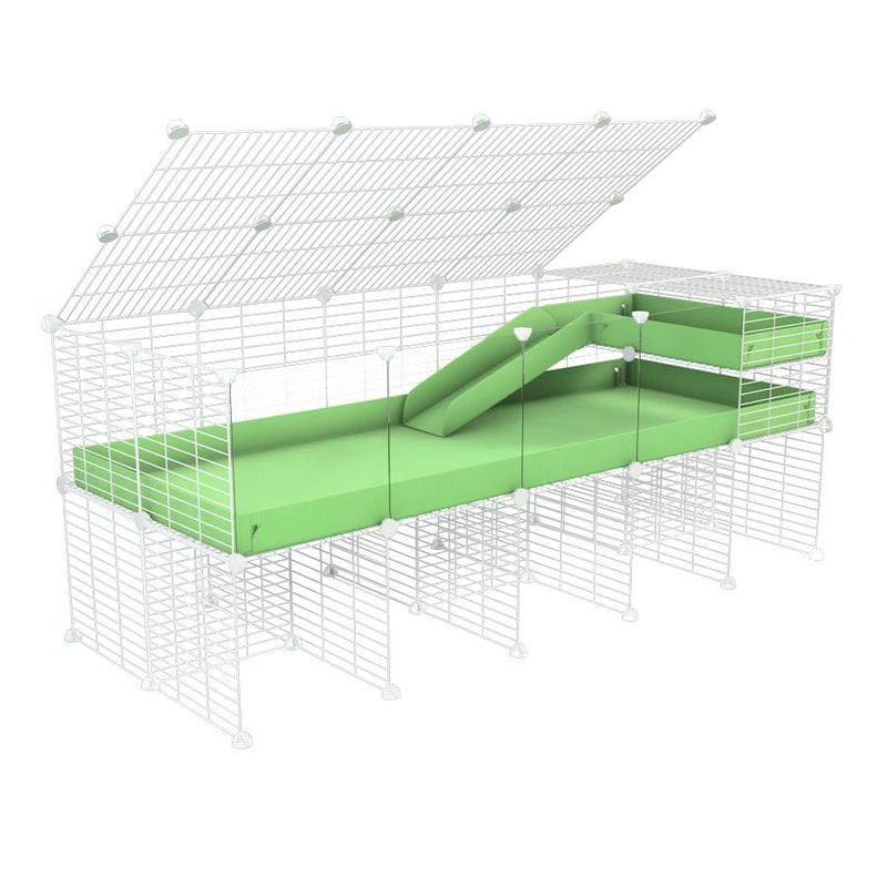 A 2x5 C and C guinea pig cage with clear transparent plexiglass acrylic panels  with stand loft ramp lid small size meshing safe white grids green pastel pistachio correx sold in UK