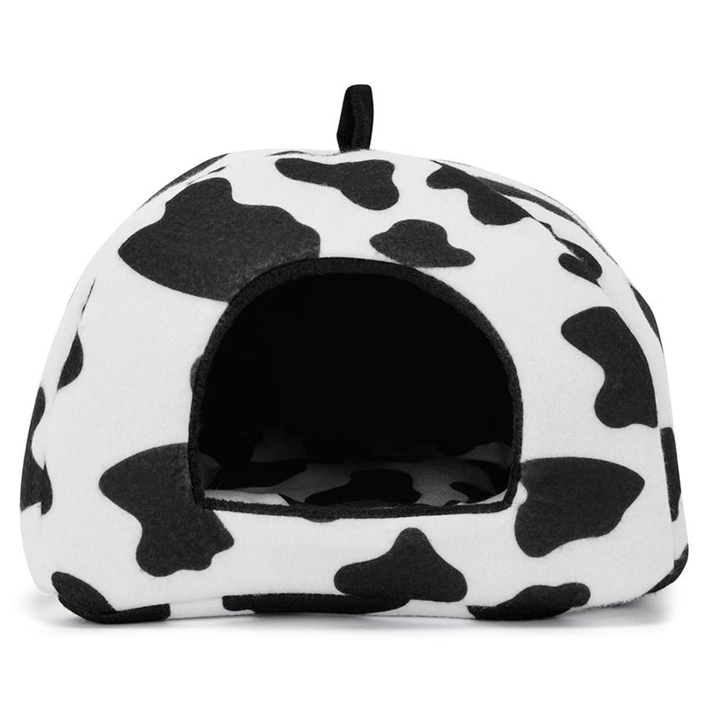 front view of a guinea pig hidey house made of cowprint fleece by kavee