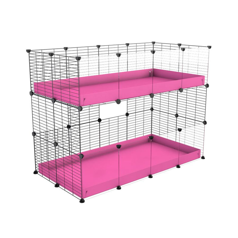 A 4x2 double stacked c and c guinea pig cage with clear transparent plexiglass acrylic panels  with two stories pink coroplast safe size grids by brand kavee
