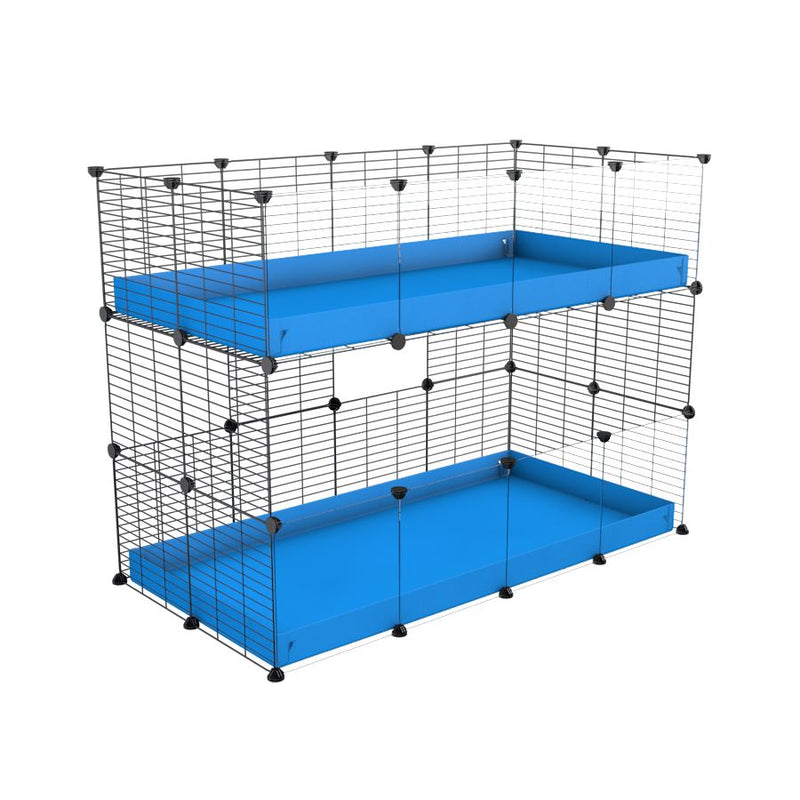 A 4x2 double stacked c and c guinea pig cage with clear transparent plexiglass acrylic panels  with two stories blue coroplast safe size grids by brand kavee
