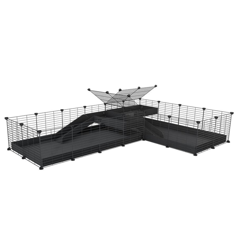 A 8x2 L-shape C&C cage with divider and loft ramp for guinea pig fighting or quarantine with black coroplast from brand kavee