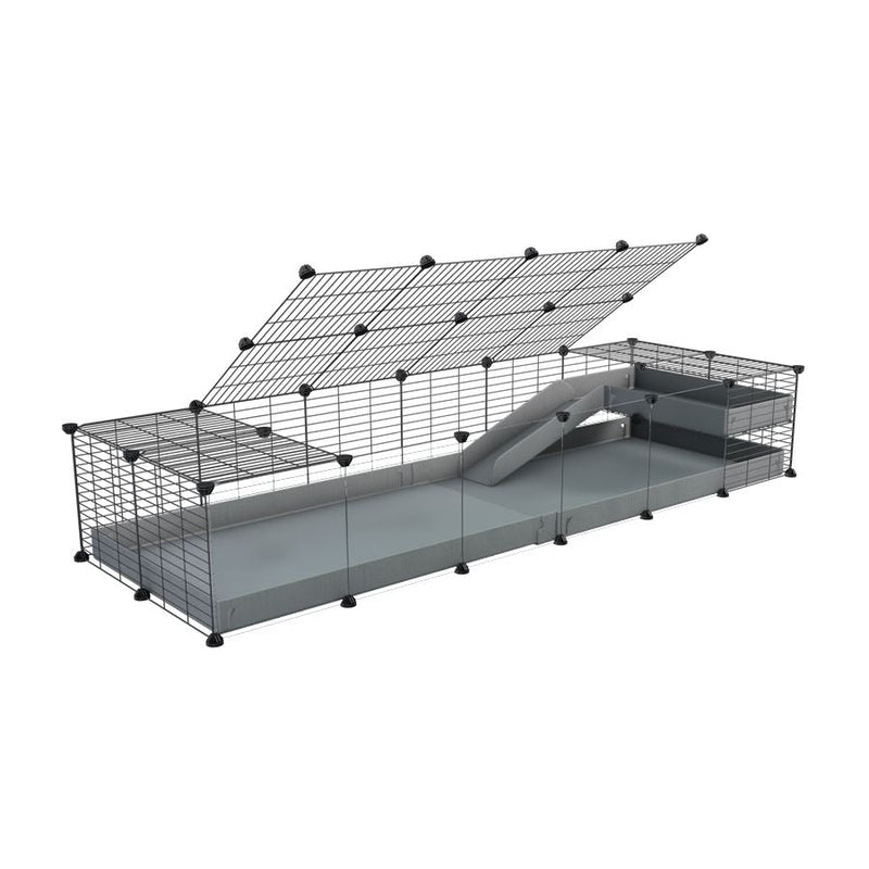a 2x6 C and C guinea pig cage with clear transparent plexiglass acrylic panels  with loft ramp lid small hole size grids grey coroplast kavee