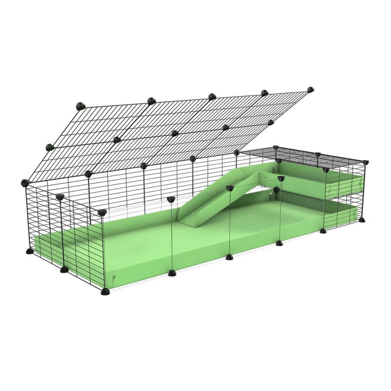 a 2x5 C and C guinea pig cage with clear transparent plexiglass acrylic panels  with loft ramp lid small hole size grids green pastel pistachio coroplast kavee